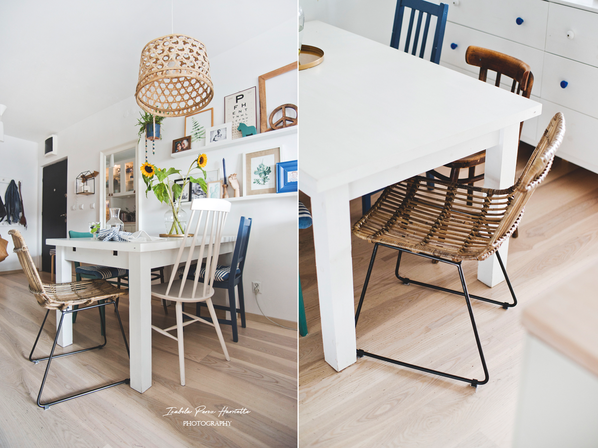 ratanowe krzesło, jadalnia, różnorodne krzesła przy stole, styl eklektyczny