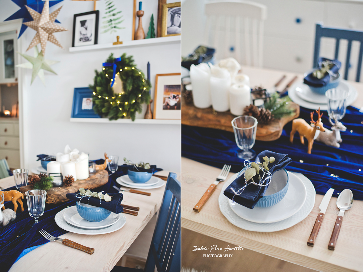 blue velvet christmas, table scape, świąteczny stół, święta w kolorze niebieskim