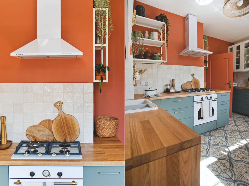 kolory w kuchni, kuchnia ikea, ceglany kolor ściany, kolor ściany terracota, kuchni boho